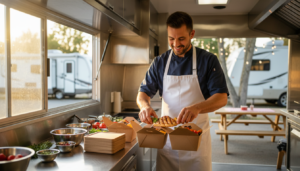 Chef prepares takeout meals in a modern mobile kitchen trailer with RVs and picnic table in the background at a resort.
