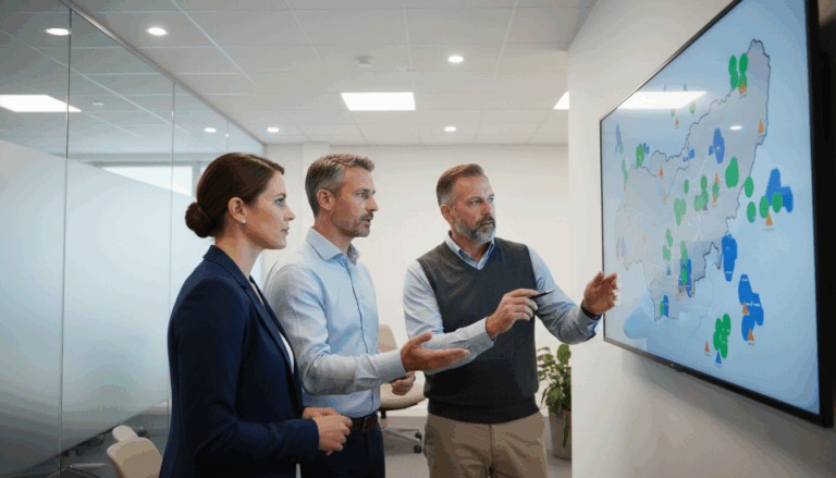 Three professionals discussing a digital map with colorful data clusters in a modern office, planning campground and RV site expansion.