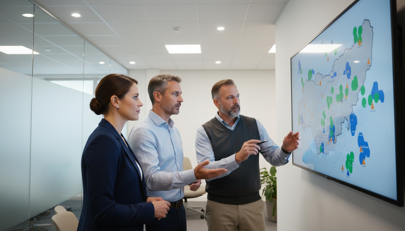Three professionals discussing a digital map with colorful data clusters in a modern office, planning campground and RV site expansion.