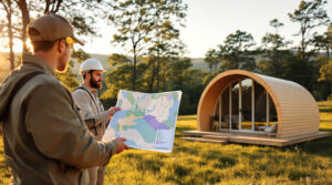 Two consultants examine a large suitability map in a grassy clearing, with two modern wooden glamping pods on platforms nearby, surrounded by generic woodland and soft golden hour light.