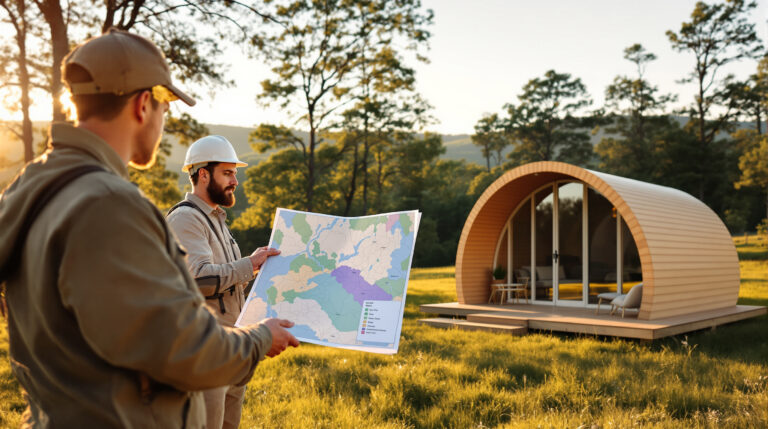 Two consultants examine a large suitability map in a grassy clearing, with two modern wooden glamping pods on platforms nearby, surrounded by generic woodland and soft golden hour light.