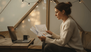 Young marketing analyst reviewing printed data charts inside a beige glamping tent at dawn, with a laptop and coffee mug on a wooden table, surrounded by soft golden light and blurred forest background.