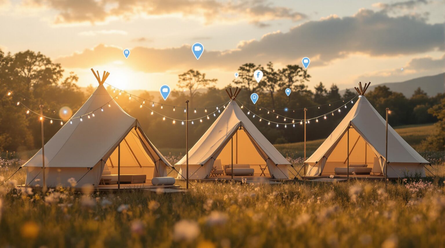 Three canvas glamping tents in a sunlit meadow with digital geolocation and social media icons overlayed, wildflowers in the foreground, and festoon lights creating a cozy festival atmosphere.