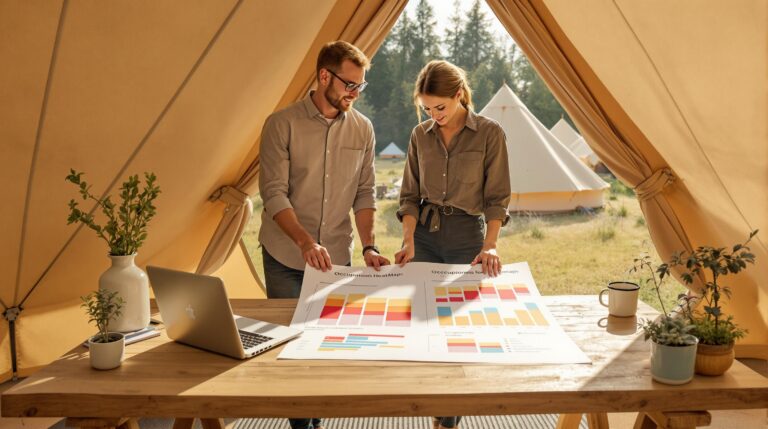 Two glamping site managers review colorful occupancy heatmaps on a wooden table inside a canvas tent, with blurred tents and greenery in the background.