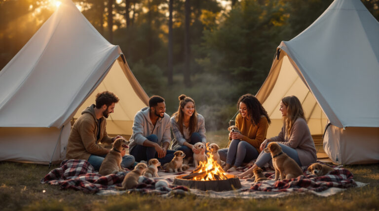 Four young adults sit around a campfire beside canvas tents, playing with rescue puppies and kittens on blankets in a forest clearing at sunset.