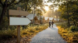 Resort staff member installing blank wooden signpost along a gravel path at a glamping site, with canvas tents, strolling guests, and soft morning sunlight filtering through forest trees.