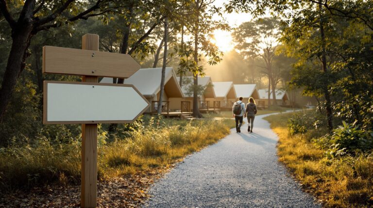 Resort staff member installing blank wooden signpost along a gravel path at a glamping site, with canvas tents, strolling guests, and soft morning sunlight filtering through forest trees.