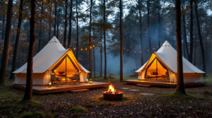 Two upscale canvas glamping tents on wooden decks in a misty autumn forest clearing, with glowing lanterns, string lights, and a fire pit surrounded by fallen leaves and folding chairs.