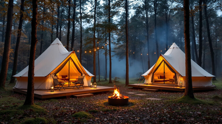 Two upscale canvas glamping tents on wooden decks in a misty autumn forest clearing, with glowing lanterns, string lights, and a fire pit surrounded by fallen leaves and folding chairs.