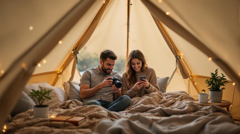 Couple inside a canvas glamping tent at dawn, woman using smartphone voice search, man holding a camera, cozy bedding, warm fairy lights, rustic table with coffee mug and plant, blurred green background.