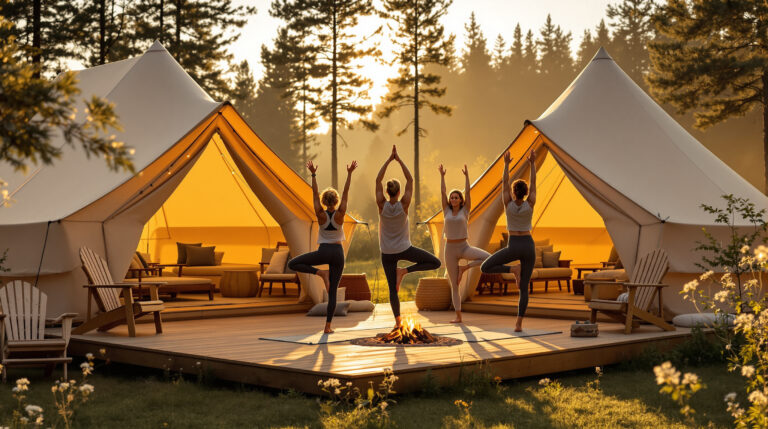 Four adults practicing yoga at sunrise on a wooden platform near canvas glamping tents, with string lights, Adirondack chairs, and a fire pit, surrounded by wildflowers and evergreen trees in a peaceful, generic campground setting.