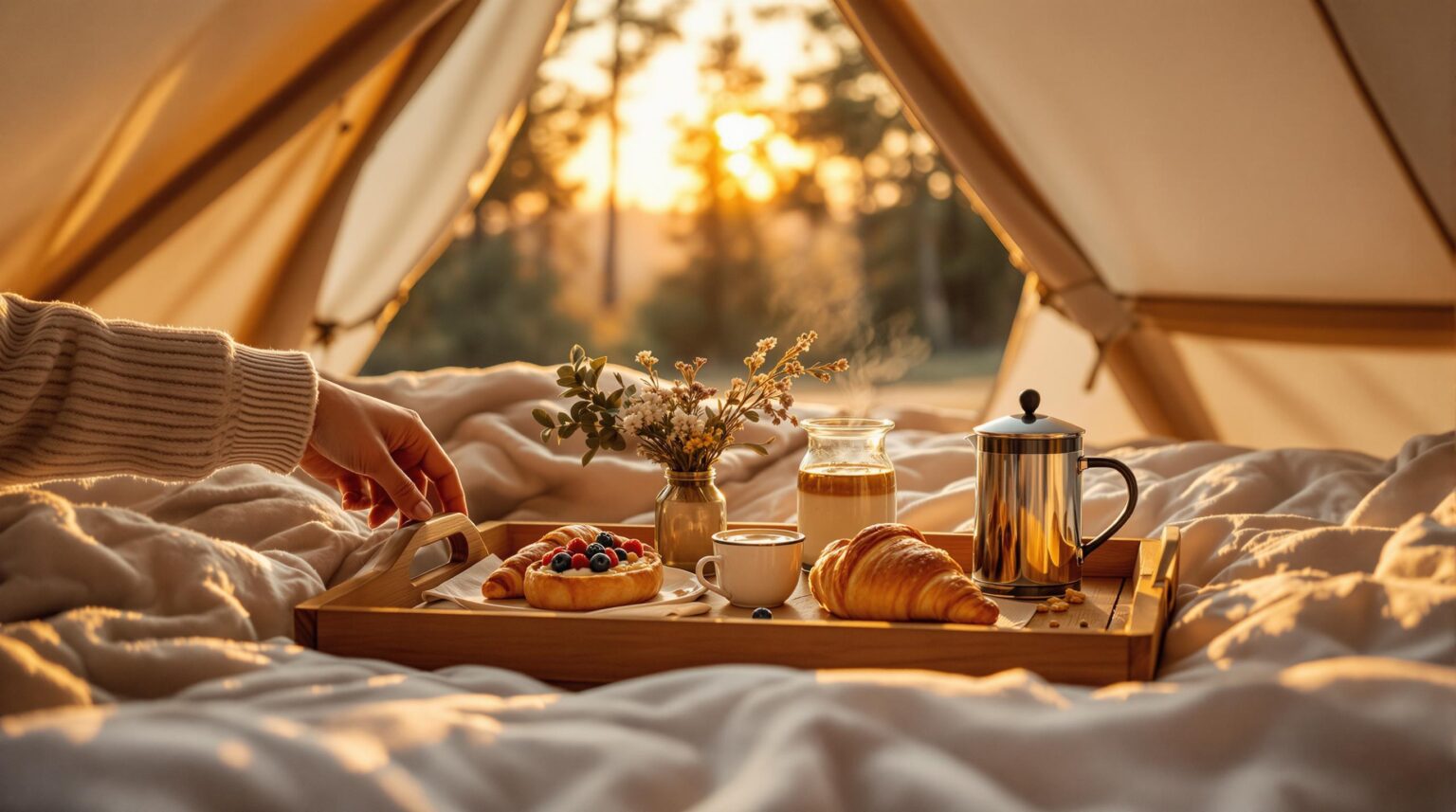 Gourmet breakfast tray with croissants, yogurt parfait, coffee, and wildflowers delivered to a bed inside a sunlit glamping tent at sunrise, with soft pine trees visible in the background.