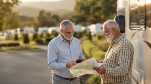Middle-aged couple standing by RV at a generic resort, using a handheld GPS and paper map, with other RVs and greenery in the background under warm sunlight.