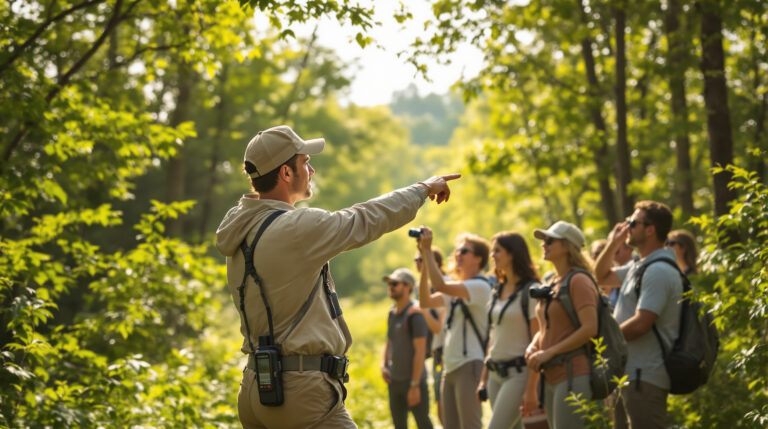 A group of diverse adults on a guided wildlife walk in a sunlit, generic forest clearing, following a guide with a GPS device as they look toward treetops, surrounded by lush greenery.