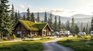A modern campground lodge with a green roof covered in grasses and wildflowers, surrounded by tents, camper vans, and families enjoying the outdoors on a sunny day, with forested hills and trees in the background.