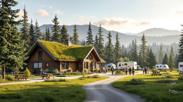 A modern campground lodge with a green roof covered in grasses and wildflowers, surrounded by tents, camper vans, and families enjoying the outdoors on a sunny day, with forested hills and trees in the background.