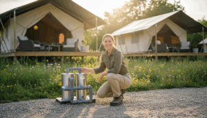 Glamping resort staff member kneeling by a greywater recycling system with canvas tents and wildflowers in the background under soft sunrise light