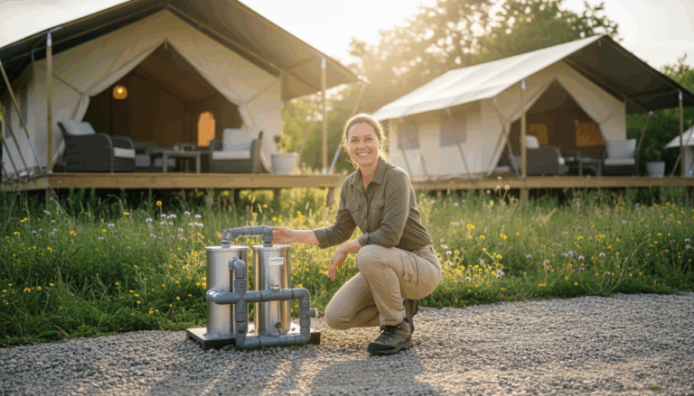 Glamping resort staff member kneeling by a greywater recycling system with canvas tents and wildflowers in the background under soft sunrise light