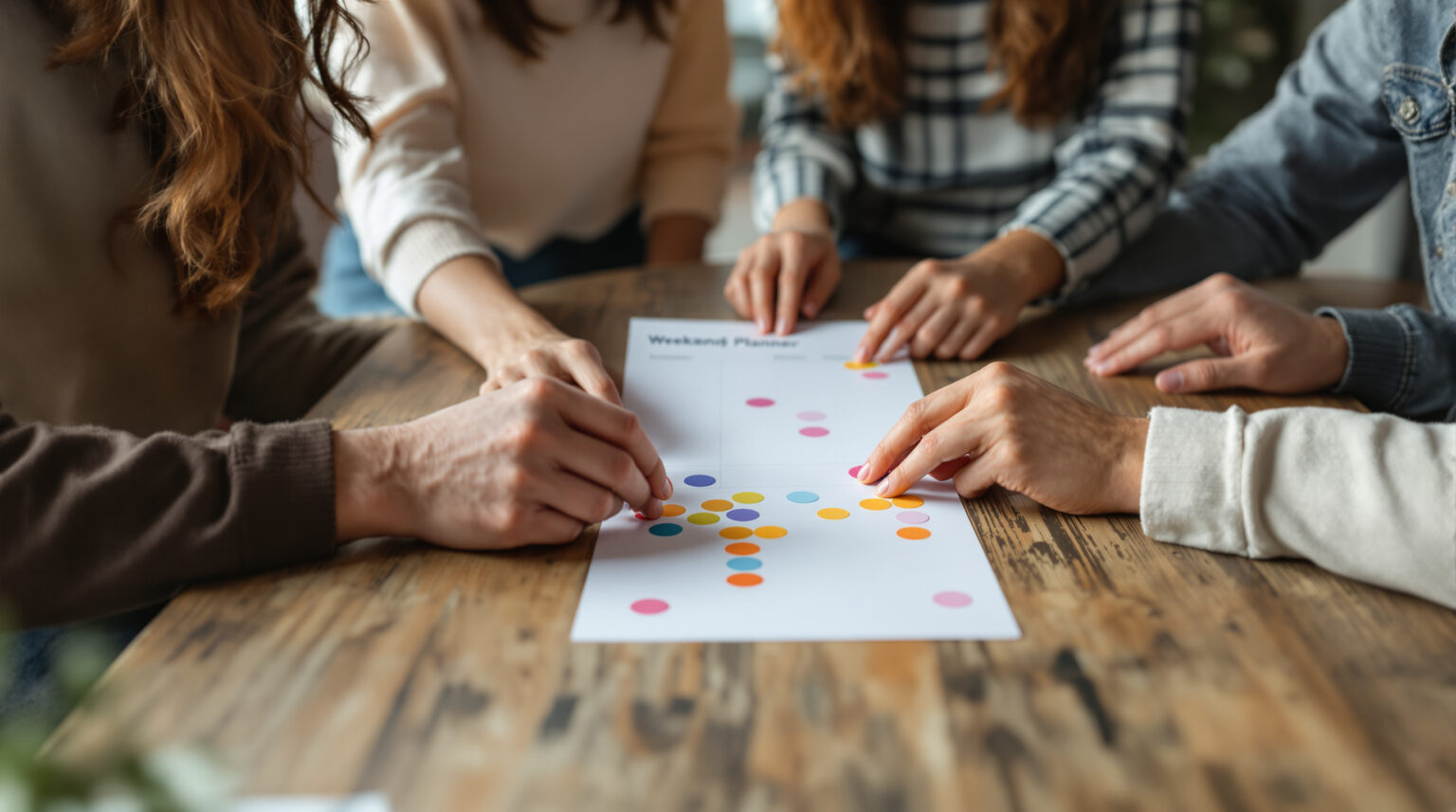 Four diverse young adults placing colorful stickers on a blank weekend planner at a wooden table in a modern, softly lit office.
