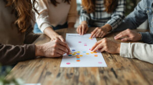 Four diverse young adults placing colorful stickers on a blank weekend planner at a wooden table in a modern, softly lit office.