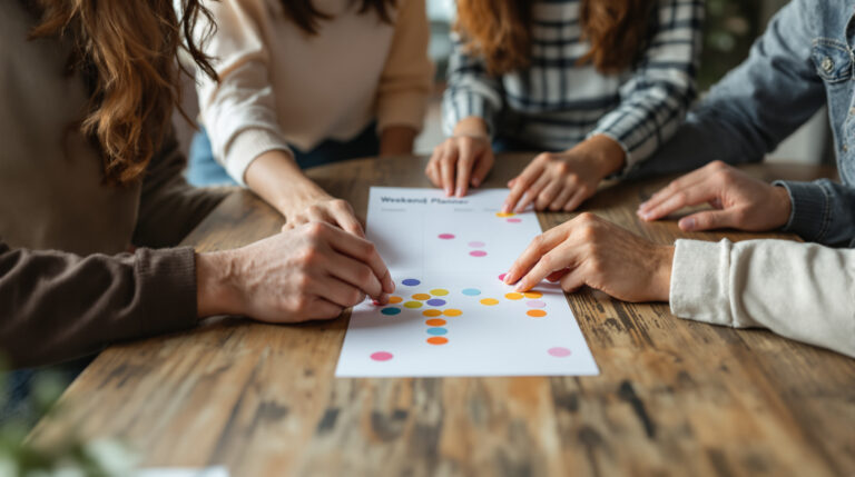 Four diverse young adults placing colorful stickers on a blank weekend planner at a wooden table in a modern, softly lit office.
