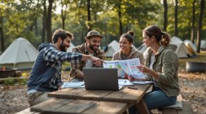 Four adults planning a group retreat at a campground picnic table, reviewing maps and a laptop together, surrounded by trees, tents, and natural light