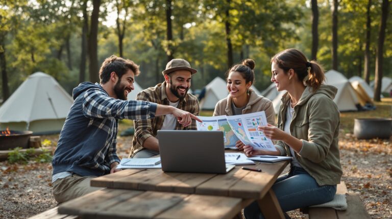 Four adults planning a group retreat at a campground picnic table, reviewing maps and a laptop together, surrounded by trees, tents, and natural light