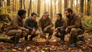 A group of adults and a guide examine wild mushrooms in baskets while foraging in a sunlit forest with autumn leaves on the ground.