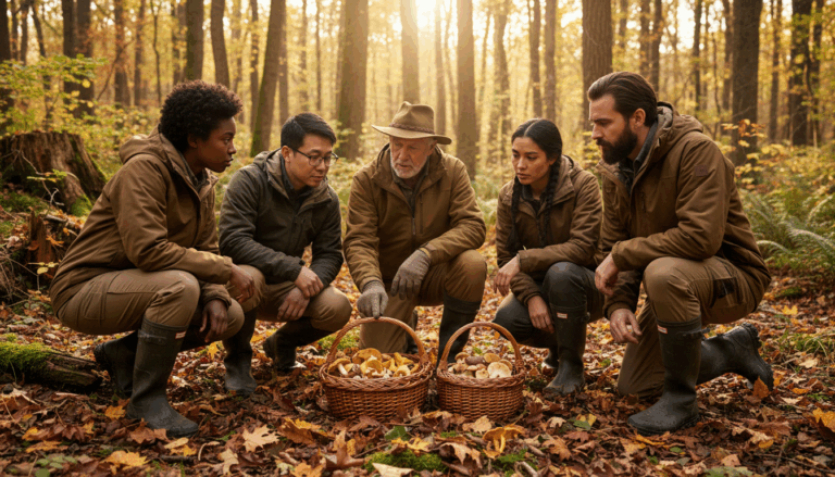 A group of adults and a guide examine wild mushrooms in baskets while foraging in a sunlit forest with autumn leaves on the ground.