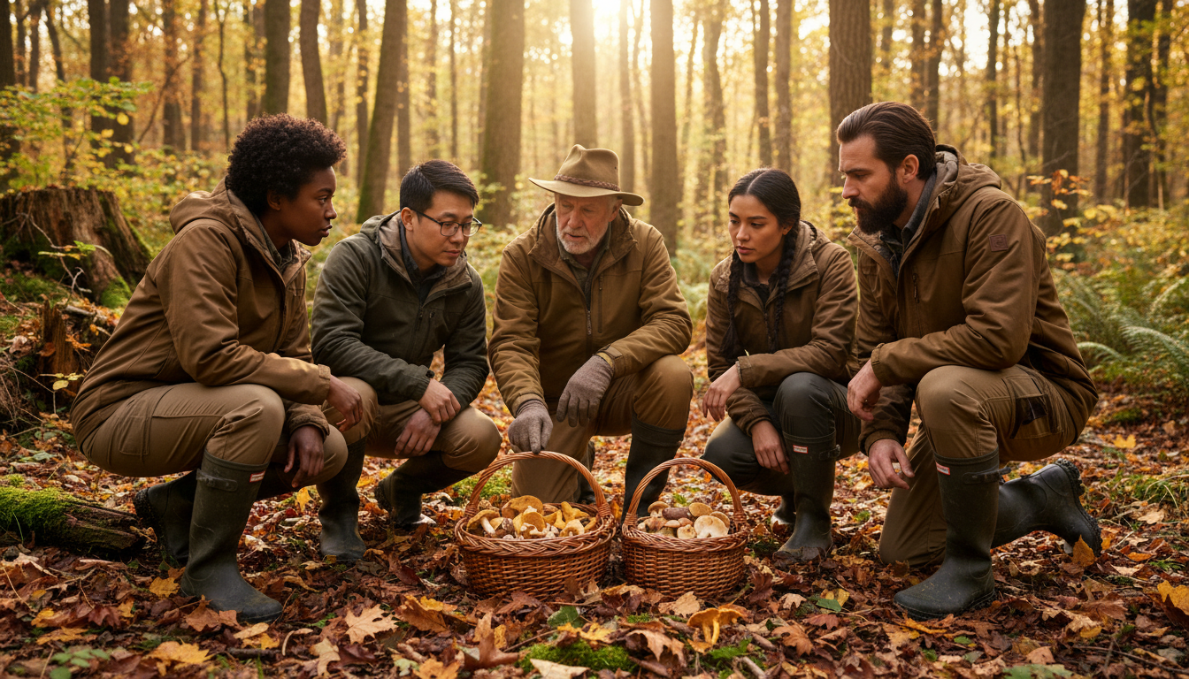 A group of adults and a guide examine wild mushrooms in baskets while foraging in a sunlit forest with autumn leaves on the ground.