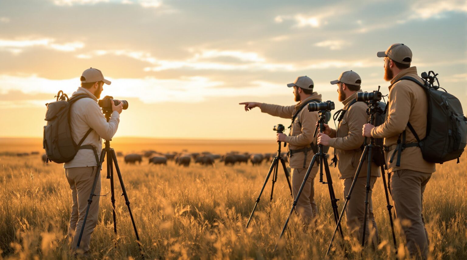 Group of photographers with guide using cameras in open grassland at sunset, capturing wildlife in the distance, soft golden light, unidentifiable natural setting