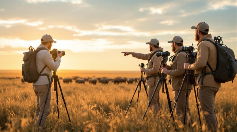 Group of photographers with guide using cameras in open grassland at sunset, capturing wildlife in the distance, soft golden light, unidentifiable natural setting