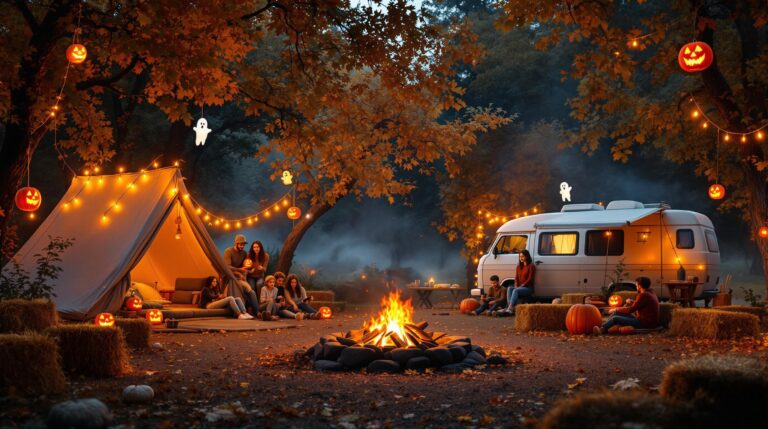 Families decorate tents and camper with jack-o-lanterns, string lights, and ghost lanterns at a cozy campground in autumn, with a warm campfire and scattered fall leaves.