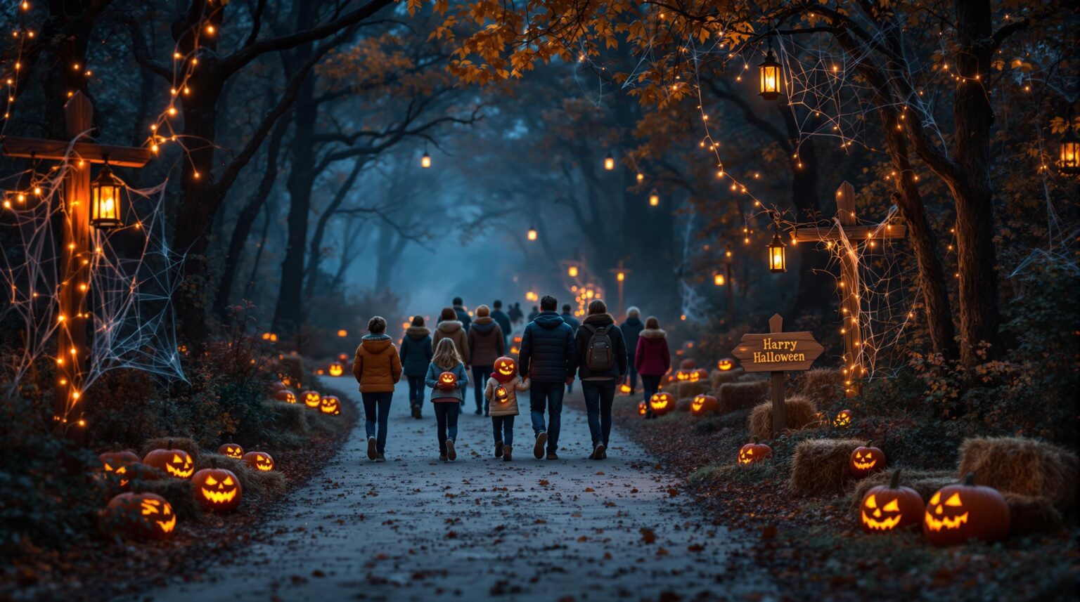 Families and friends walk along a misty forest trail at dusk, surrounded by glowing jack-o’-lanterns, hanging lanterns, and autumn decorations, creating a festive Halloween atmosphere.