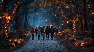 Families and friends walk along a misty forest trail at dusk, surrounded by glowing jack-o’-lanterns, hanging lanterns, and autumn decorations, creating a festive Halloween atmosphere.