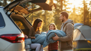 Smiling family with two children packing camping gear into an SUV at a sunlit woodland campsite, early morning light and mist in the background, conveying warmth and positive emotions.