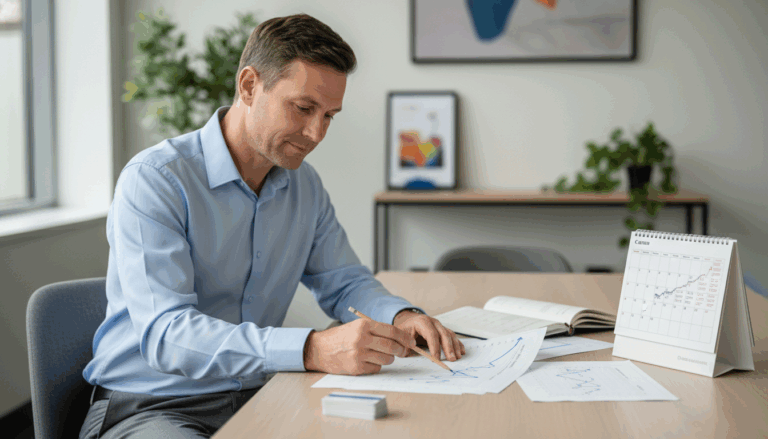 Hotel revenue analyst examines printed charts showing rising trends at a desk with unbranded keycards in a sunlit modern office.