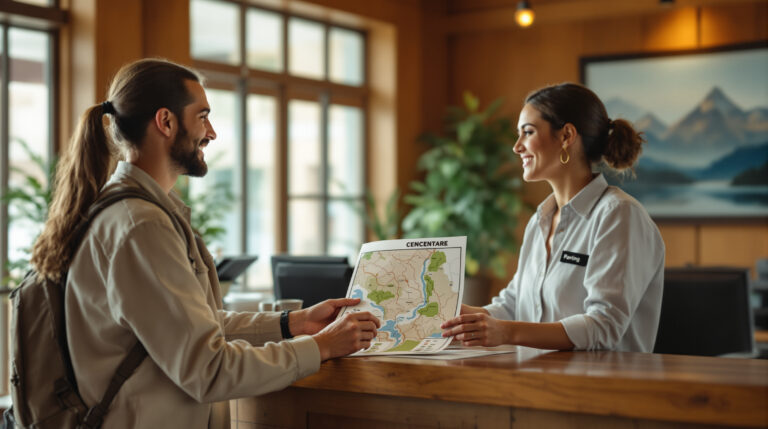 A hotel concierge hands a folded trail map to a smiling couple in hiking attire at a rustic lodge front desk, with soft daylight and warm decor in the background.