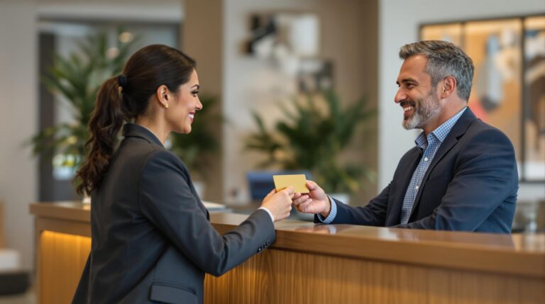 Hotel receptionist hands gold membership card to smiling business traveler at front desk in modern lobby, both looking friendly and professional.