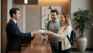Hotel concierge presents a small gift box to a smiling couple at a modern, upscale lobby counter, with warm lighting and a blurred neutral background.