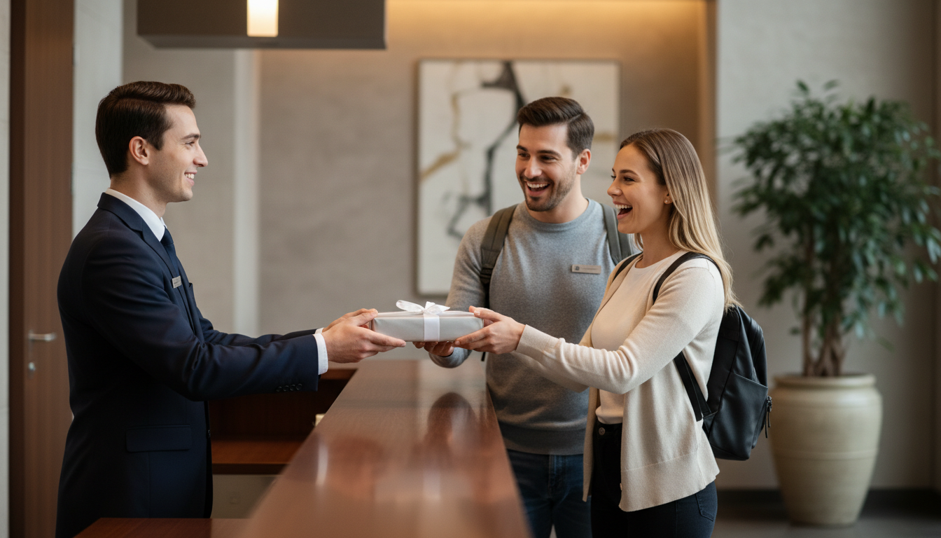 Hotel concierge presents a small gift box to a smiling couple at a modern, upscale lobby counter, with warm lighting and a blurred neutral background.