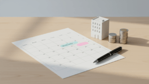 Overhead view of a blank paper calendar with pastel dots marking a weekend, a white model hotel building, stacks of coins, and a pen on a light wood desk, representing hotel revenue planning.