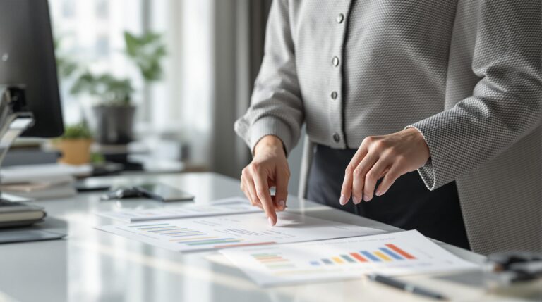 Hotel revenue manager sorting reservation cards and analyzing printed bar graphs at a white desk in a neutral modern office with blurred generic background.