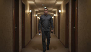 Security guard walking quietly through a dimly lit, generic hotel corridor at night, holding a flashlight and radio, with closed guestroom doors and soft ambient lighting.