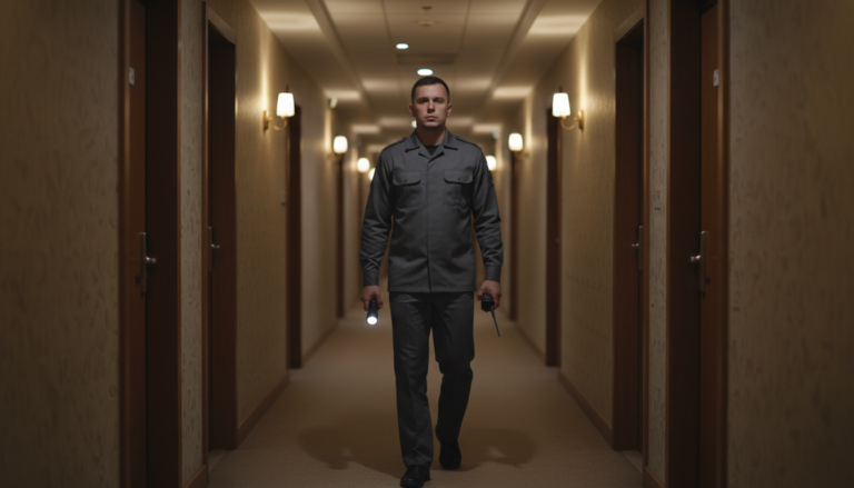 Security guard walking quietly through a dimly lit, generic hotel corridor at night, holding a flashlight and radio, with closed guestroom doors and soft ambient lighting.