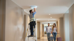 A technician installs a ceiling Wi-Fi access point in a modern hotel hallway as two guests with suitcases walk by in the background.