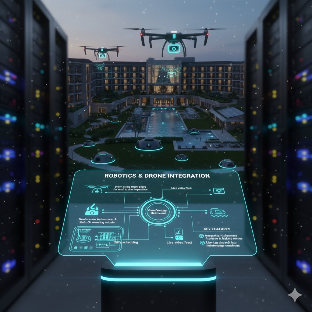 Drones and robotics integration at futuristic facility.