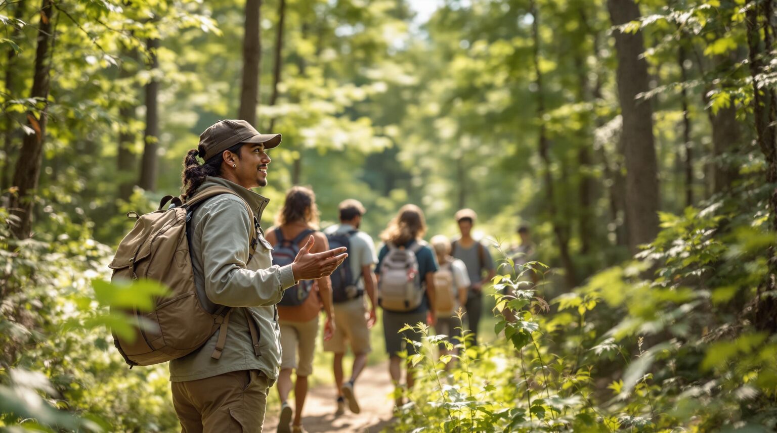 Indigenous guide leading a diverse group of campers on a forest trail, sharing cultural knowledge, with sunlight filtering through trees and everyone wearing casual outdoor clothing.