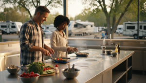 Two campers cooking vegetables at a modern stainless steel induction station in an outdoor RV park kitchen, with fresh produce and utensils on the counter and blurred RVs in the background.