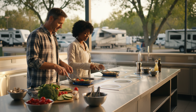 Two campers cooking vegetables at a modern stainless steel induction station in an outdoor RV park kitchen, with fresh produce and utensils on the counter and blurred RVs in the background.